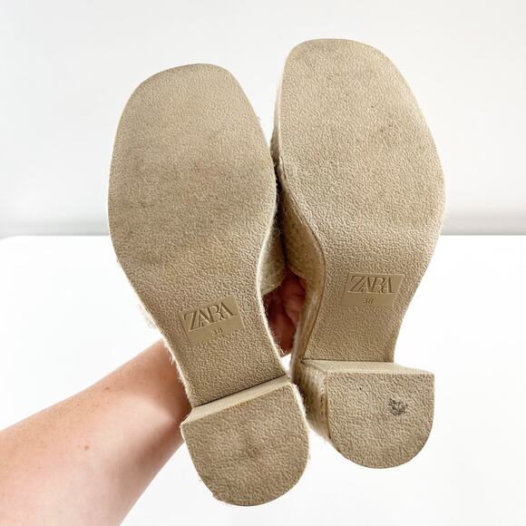 ZARA Woven Wicker Platform Square Toe Slide Block Heel Sandals Tan 38 / US 8 - Picture 5 of 9